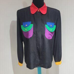 Simon Chang Vintage Colorblock Long Sleeve Button Down Blouse Size 8 Black